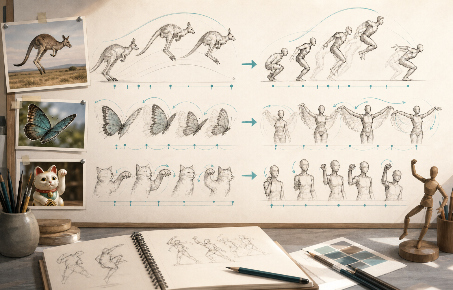 Editorial illustration of an animator reference board translating animal and character motion studies into human performance poses